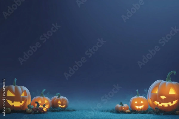 Fototapeta Spooky Halloween scene with glowing jack-o'-lanterns lined up in the darkness, emanating an eerie, festive light.
