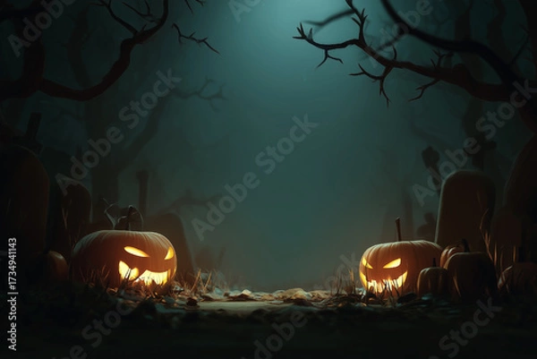 Fototapeta Spooky Halloween night scene with glowing jack-o'-lanterns in a foggy graveyard under bare trees against a teal moonlit sky.