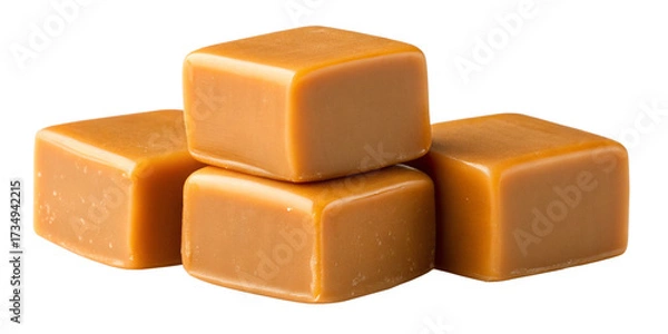 Obraz Close-Up of Caramel Candy Squares on Transparent Background
Stacked Golden-Brown Caramels Isolated with Glossy Surface