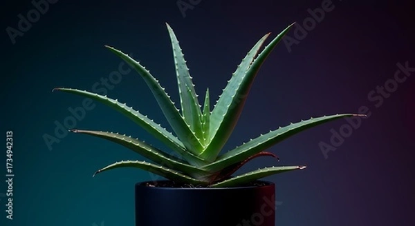Obraz Aloe vera plant in a black pot with dramatic lighting and colored background