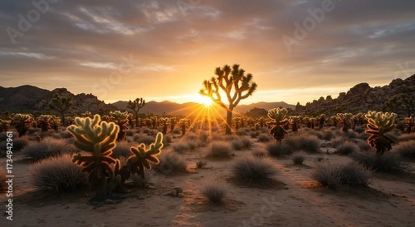 Obraz Desert landscape at sunset with joshua trees and golden sunlight