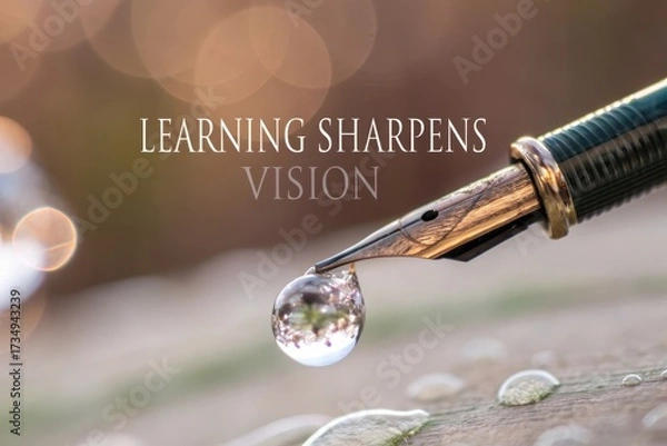 Fototapeta Close up of a fountain pen with a crystal water drop reflecting light