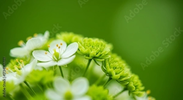 Fototapeta Close up of white and green flowers against a blurred green backdrop