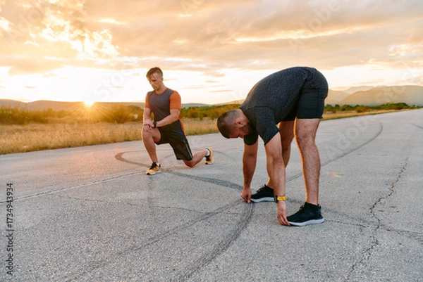 Fototapeta Sunset Stretch Friends Warm Up and Stretch After Challenging Run.