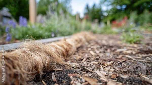 Fototapeta Sharp focus on recycled landscape fabric edge showing natural fibers rest of the garden and mulch fading softly to highlight biodegradable weed control material.