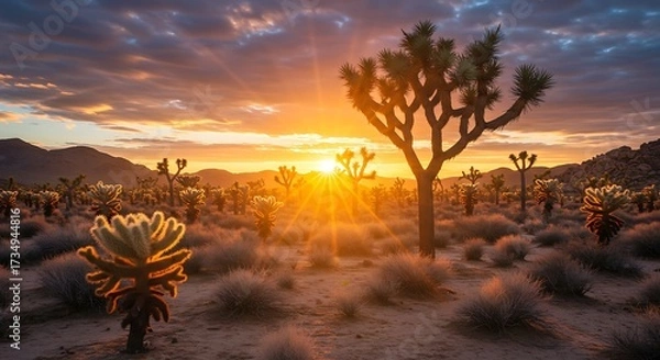 Obraz Desert landscape at sunset with joshua trees and vibrant sky