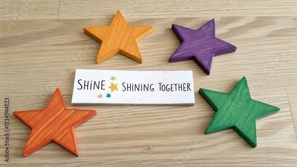 Fototapeta Colorful painted wooden stars arranged with a positive message