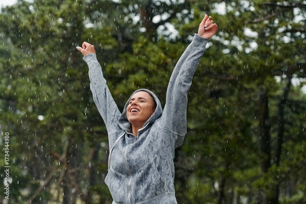 Fototapeta Beautiful Woman Enjoying Rainy Day After Intense Run