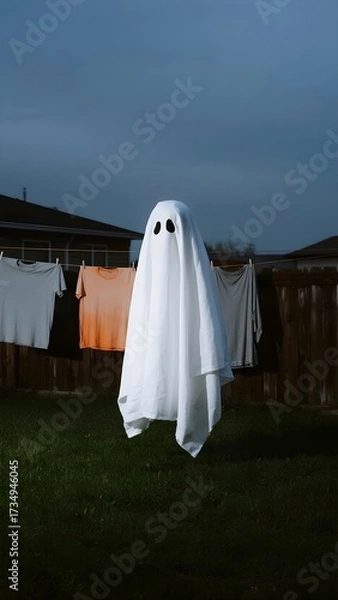 Fototapeta White sheet ghost floating in backyard, a concept on mystery, Halloween, and unexpected presence.