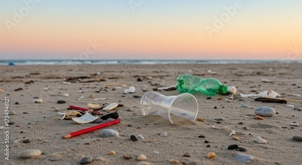 Fototapeta Debris strewn across a beach scene at sunset causing environmental damage