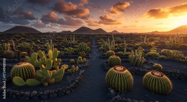 Obraz Desert landscape with cacti under sunset sky rows of vegetation