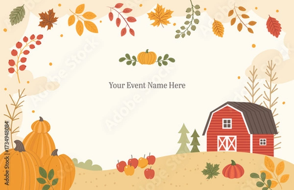 Obraz Fall farm illustration with pumpkins, apples, red barn, autumn leaves, and hills. Seasonal template with background space