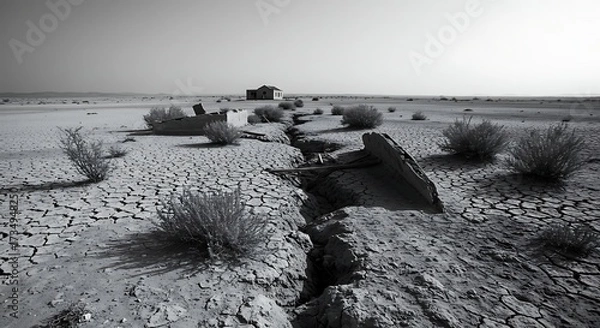 Obraz Desert landscape with cracked earth and abandoned building in monochrome