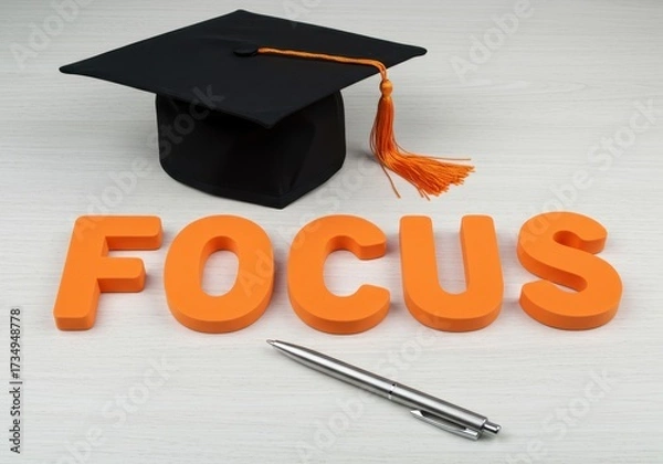 Fototapeta Focus arranged with graduation cap and pen on a white surface