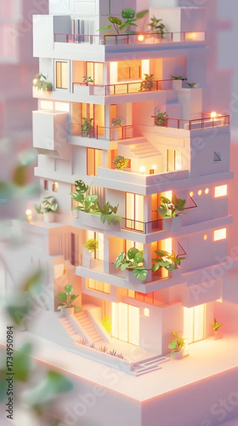 Fototapeta 3d Low Poly clay style modern apartment building