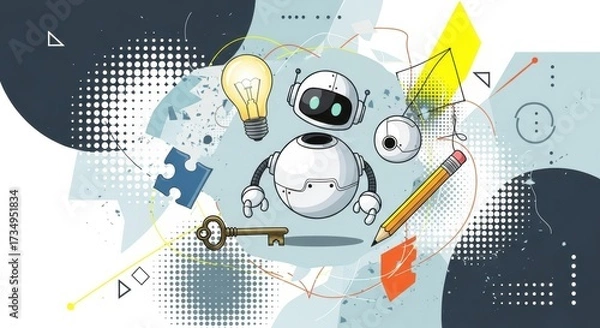 Fototapeta Trendy Halftone Collage cute robot AI holding  lightbulb. Creative mind or brainstorm. Create creative idea concept. Business solutions. Think outside the box. Marketing time