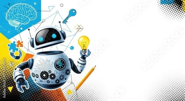 Fototapeta Trendy Halftone Collage cute robot AI holding  lightbulb. Creative mind or brainstorm. Create creative idea concept. Business solutions. Think outside the box. Marketing time