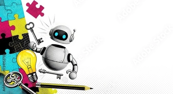 Fototapeta Trendy Halftone Collage cute robot AI holding  lightbulb. Creative mind or brainstorm. Create creative idea concept. Business solutions. Think outside the box. Marketing time