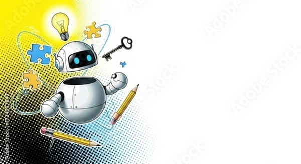 Fototapeta Trendy Halftone Collage cute robot AI holding  lightbulb. Creative mind or brainstorm. Create creative idea concept. Business solutions. Think outside the box. Marketing time