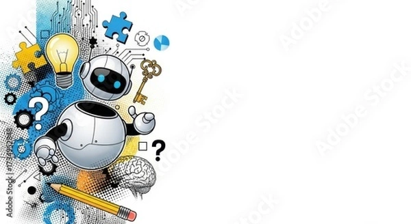 Fototapeta Trendy Halftone Collage cute robot AI holding  lightbulb. Creative mind or brainstorm. Create creative idea concept. Business solutions. Think outside the box. Marketing time