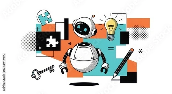 Fototapeta Trendy Halftone Collage cute robot AI holding  lightbulb. Creative mind or brainstorm. Create creative idea concept. Business solutions. Think outside the box. Marketing time