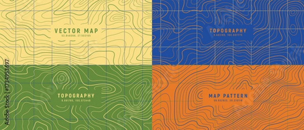 Obraz Colorful Topographic Map Vector Set with Contour Line Patterns.