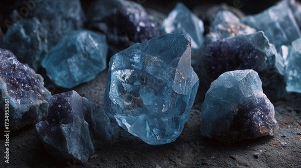 Fototapeta Blue Crystal Mineral Stone. Macro. Abstract technological background from crystals of a mineral of blue color.