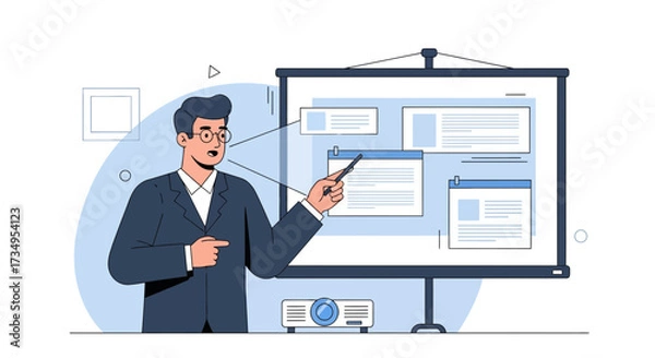 Fototapeta Business Presentation Made with Projector and a Man with Glasses Pointing at the Screen