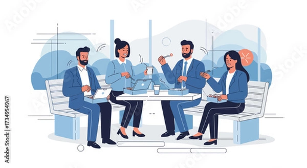 Fototapeta Business Team Lunch Break Conversation at Table, Casual Dining, Collaboration And Relaxation