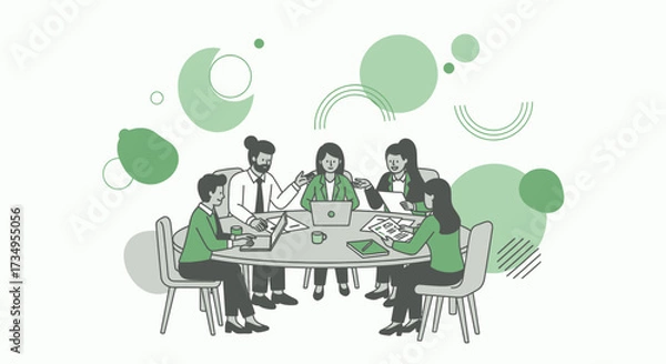 Fototapeta Business team meeting around a table discussing a project with laptops and papers