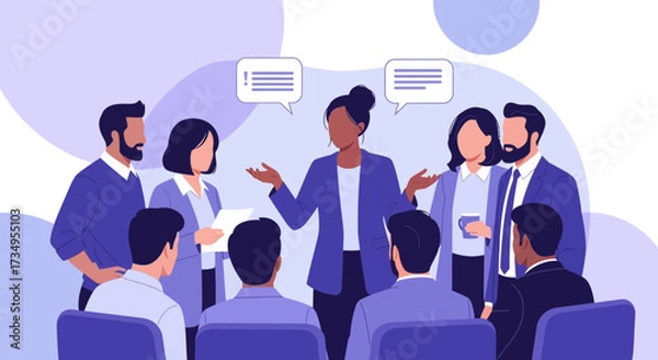 Fototapeta Business team meeting of multiple people in an office discussing a topic with speech bubbles