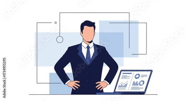 Fototapeta Business vector illustration of a businessman in a suit with a laptop on a desk