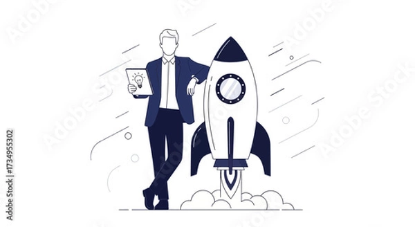 Fototapeta Business Visionary Standing Near Rocket, Displaying An Idea On Tablet For Launch
