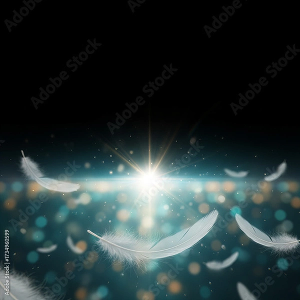 Fototapeta Dreamy Surreal White Feathers Floating with Glowing Bokeh