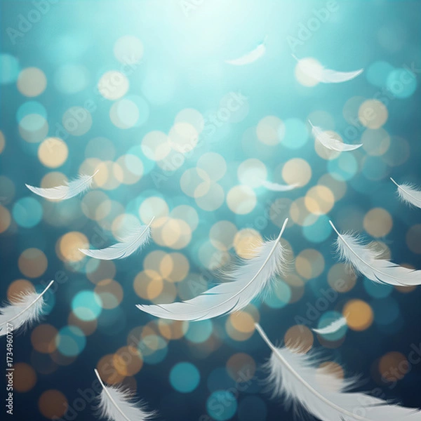 Fototapeta Dreamy Surreal White Feathers Floating with Glowing Bokeh