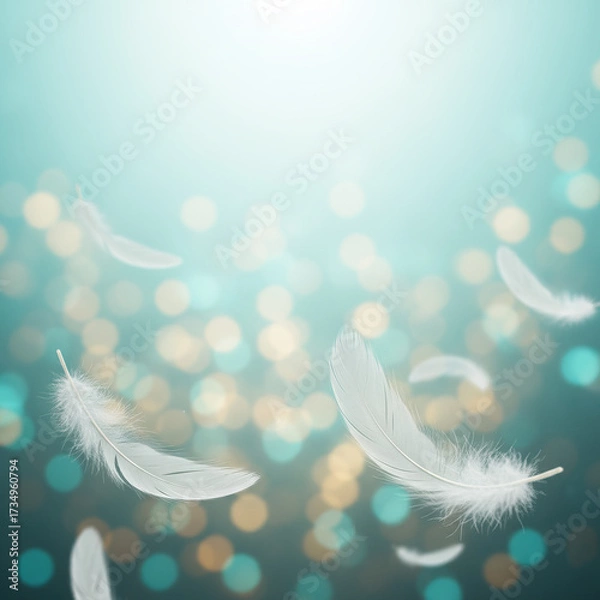 Fototapeta Dreamy Surreal White Feathers Floating with Glowing Bokeh