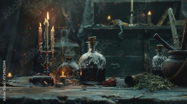 Fototapeta Mystical alchemist laboratory with candles, glowing potions, ancient books and magical artifacts in atmospheric dark fantasy setting
