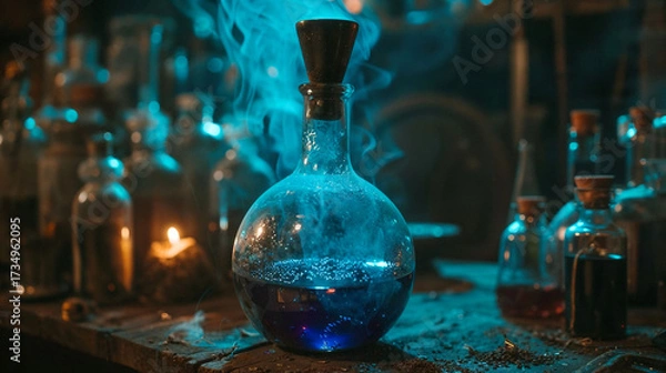 Fototapeta Mysterious glass flask filled with glowing blue liquid on a wooden table, surrounded by smoke, candles, and vials in a dimly lit alchemy workshop.