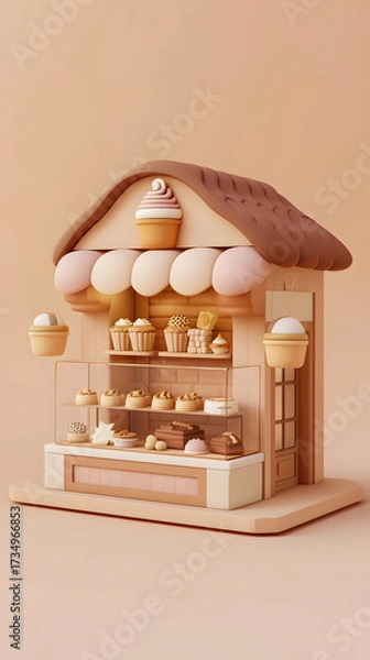 Fototapeta 3d Low Poly clay style small bakery shop beige