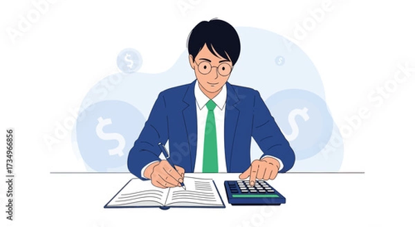 Fototapeta Businessman working with calculator and paperwork, financial illustration and accounting
