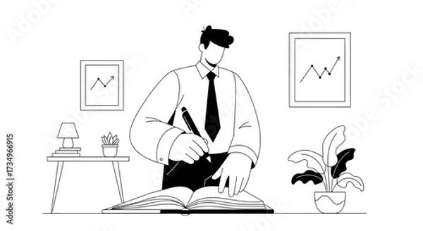 Fototapeta Businessman writing in journal and working in office, financial analysis concept