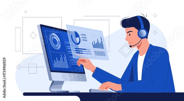 Fototapeta Businessman working with data analysis and customer support using technology illustration