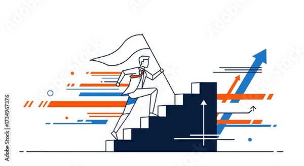 Fototapeta Businessperson Ascending Staircase of Success and Holding a Flag, Achieving Goals and Growth
