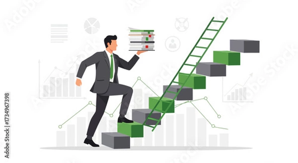 Fototapeta Businessperson Ascending Towards Success with Documents and Career Progression in Vision