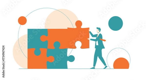 Fototapeta Businessperson Completing Puzzle Demonstrates Teamwork and Strategic Problem Solving in Modern