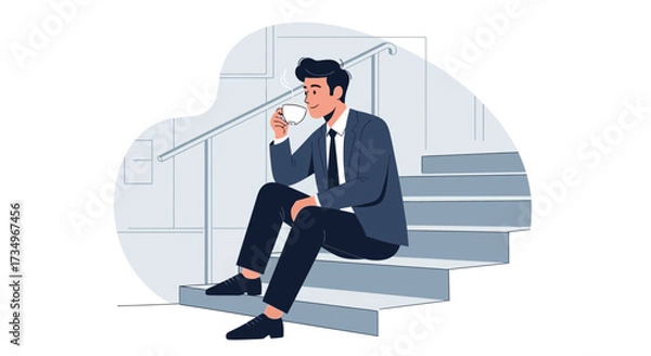 Fototapeta Businessperson Drinking Coffee While Seated on Stairs During A Brief Moment Of Repose