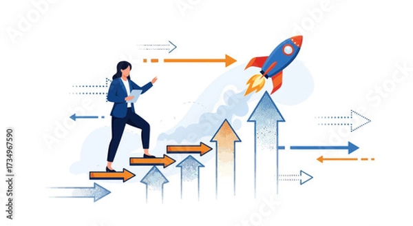 Fototapeta Businesswoman Achieves Success Launching Rocket, Climbing Stairs Towards New Heights Of Growth