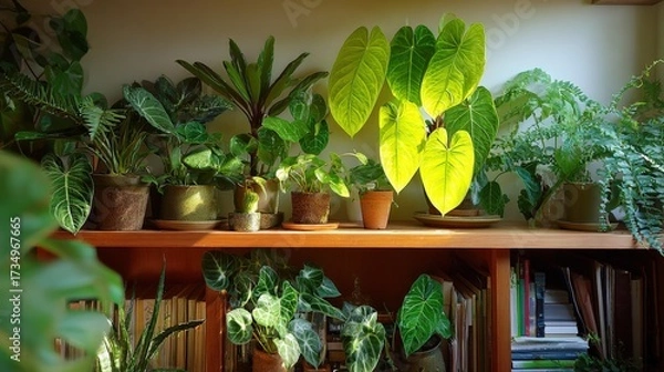 Fototapeta Indoor Plant Collection on Shelf: A Diverse Assortment of Potted Greenery in Natural Light
