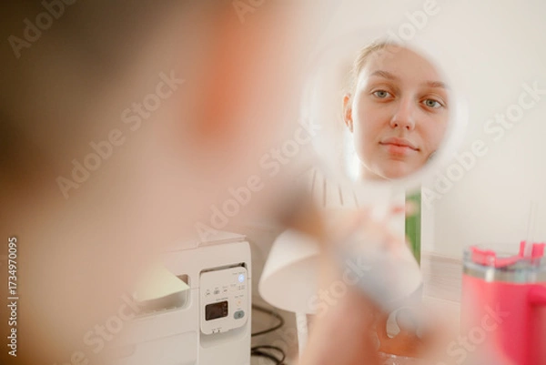 Fototapeta A young woman focuses on applying makeup in front of a mirror. Her expression is calm as she perfects her look, surrounded by beauty tools and a soft atmosphere.