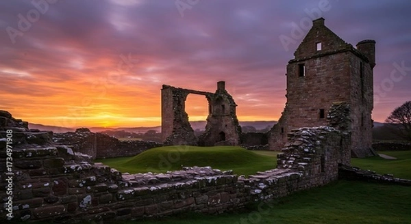 Obraz Ancient castle ruins at sunset with dramatic sky and stone walls